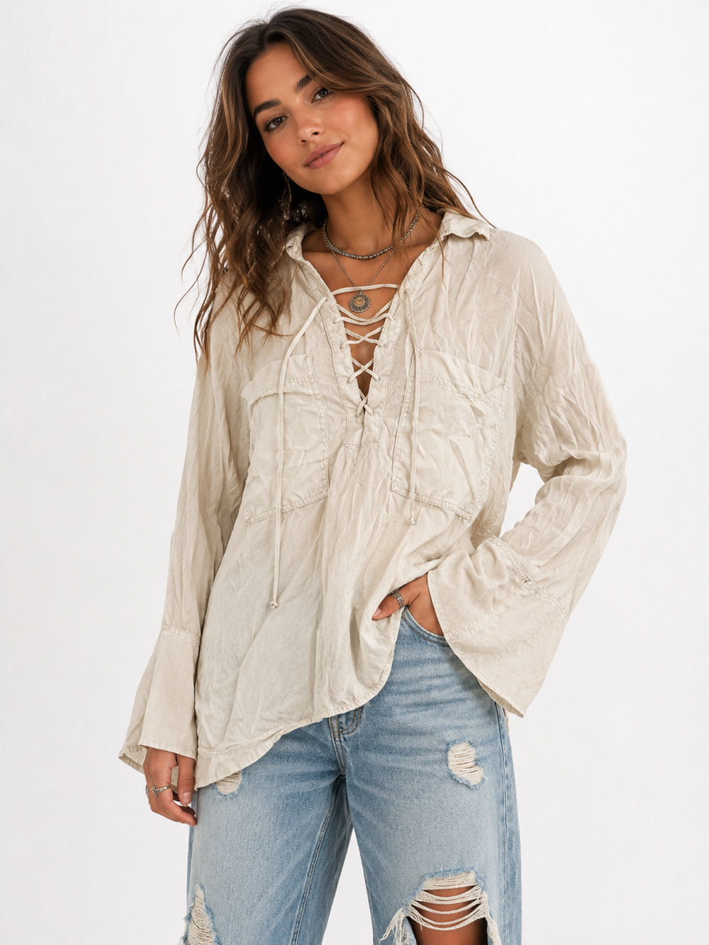 Free People Womens Lace Up Bell Sleeve Top Shirt Collared Ecru Beige Tencel sz S